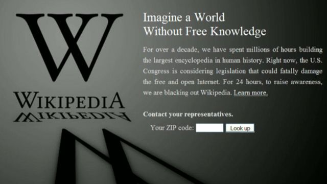 Wikipedia goes dark in protest of anti-piracy bill