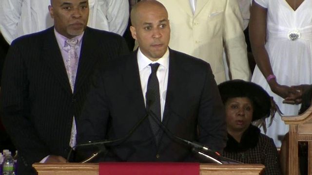 Newark Mayor Cory Booker speaks at Whitney Houston’s Funeral