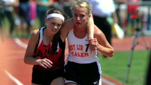 Track star carries rival past finish line