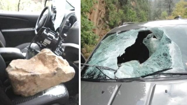 Giant boulder crashes through driver's windshield